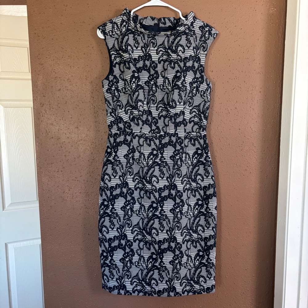 Brooks Brothers Navy White Houndstooth Floral Jacquard Sheath Dress 6 NWT $198